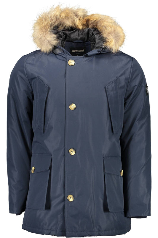 Elegant Hooded Blue Jacket with Removable Fur
