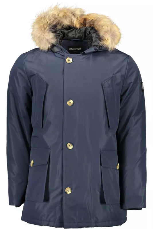 Sophisticated Blue Hooded Jacket with Fur Detail