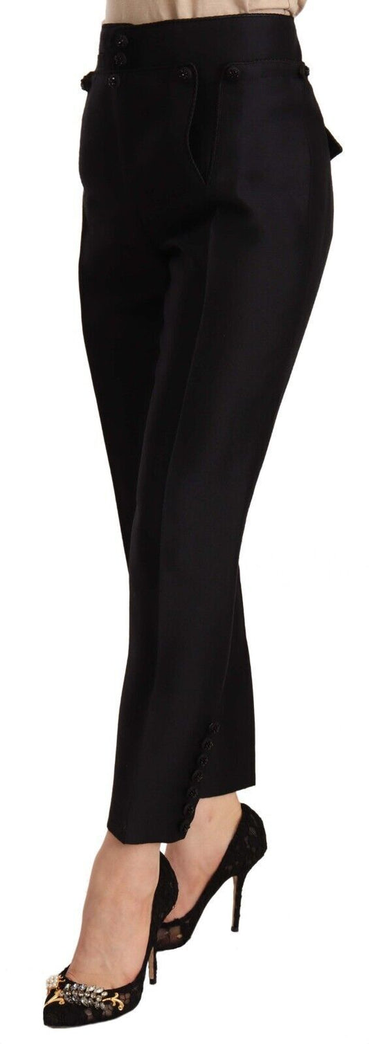 Black Button Embellished Cropped High Waist Pants