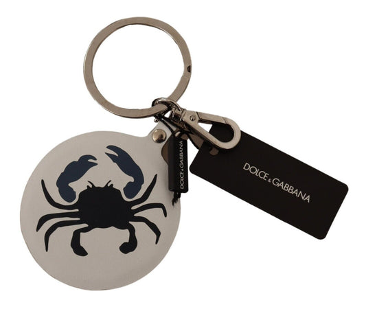 White Leather Crab Metal Silver Tone Keyring Keychain