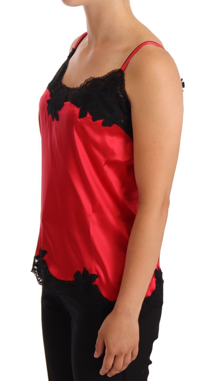 Silk Blend Lace-Trim Camisole in Red & Black