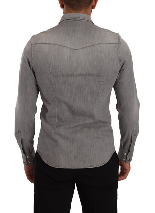 Sleek Gray Cotton Slim Fit Denim Shirt