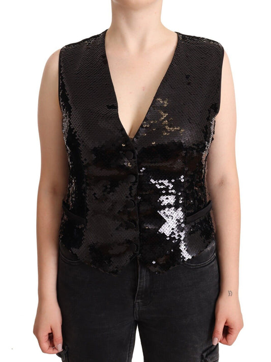 Elegant Black Sequined Sleeveless Vest Top