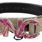 Beige Leather Pink Letter Logo Buckle Belt