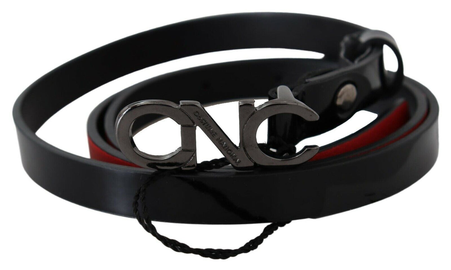 Black Skinny Leather Logo Buckle Belt