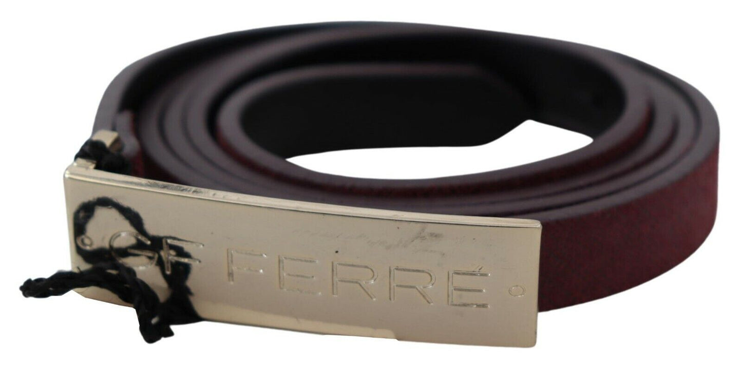 Maroon Leather Skinny Logo Design Cintura Buckle Waist Belt
