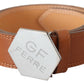 Brown Silver Logo Hexagon Buckle Waist Leather Belt