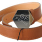 Brown Silver Logo Hexagon Buckle Waist Leather Belt