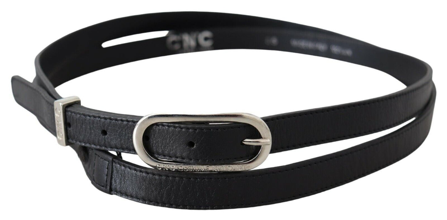 Black Leather Skinny Silver Buckle Belt