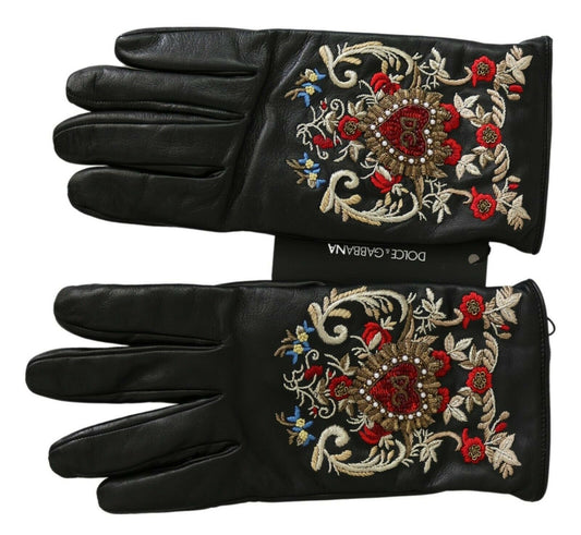 Black Genuine Leather DG Heart Embroidered Gloves