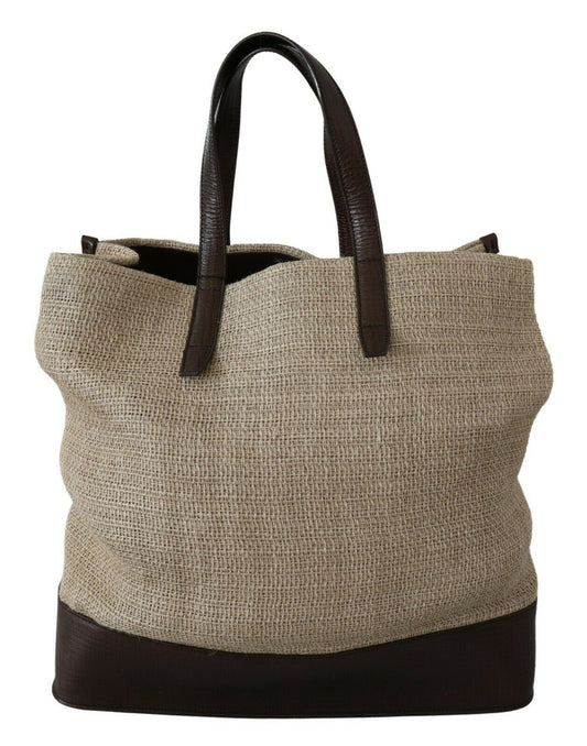 Beige Brown Leather Hand Tote Shopping Bag