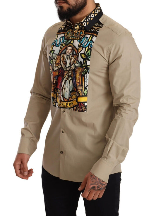 Elegant Beige Tuxedo Shirt with Unique Napoleon Print