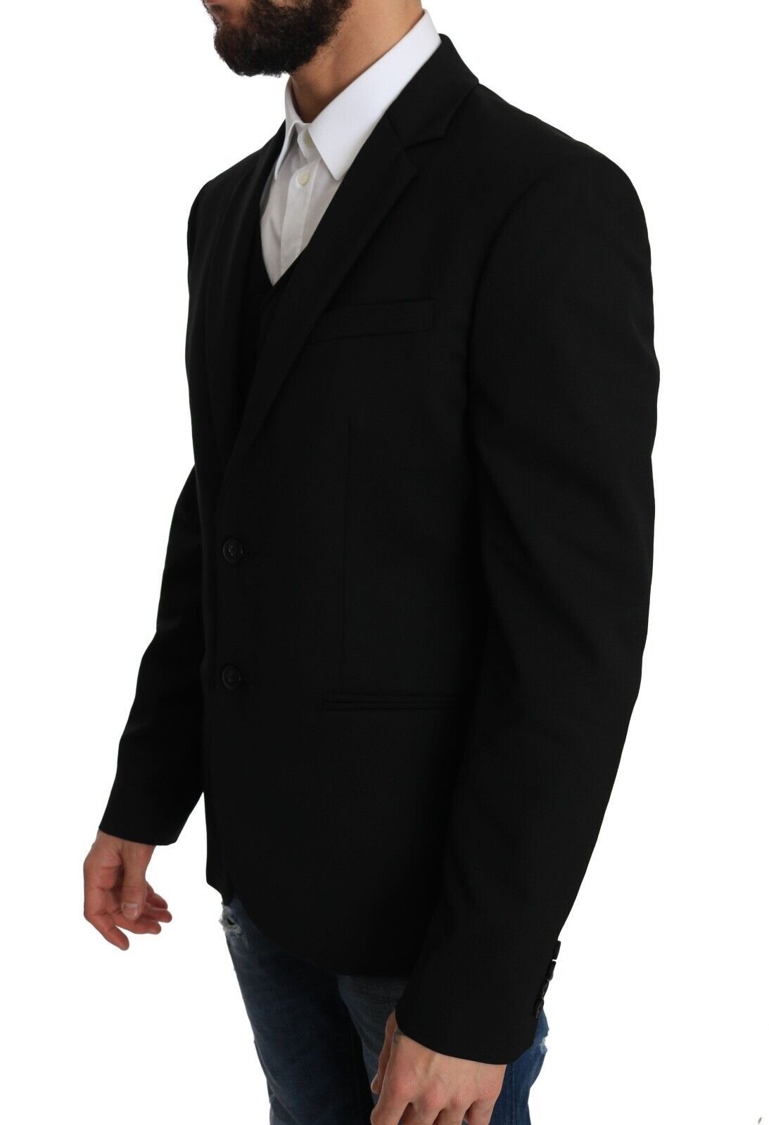 Elegant Slim Fit Black Wool Blazer and Vest Set