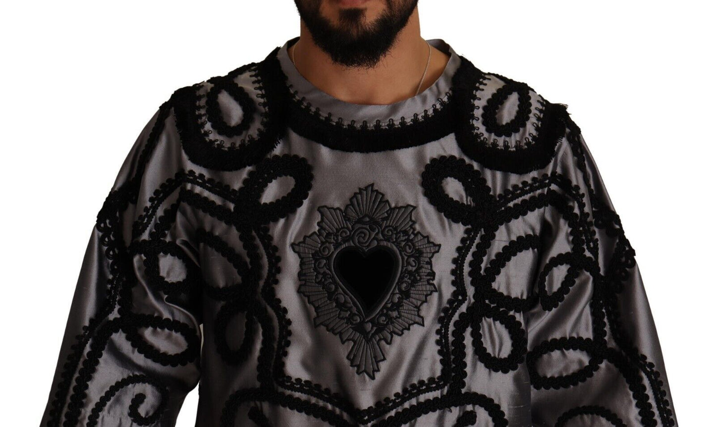 Silk Crew Neck Tee with Sacred Heart Embroidery