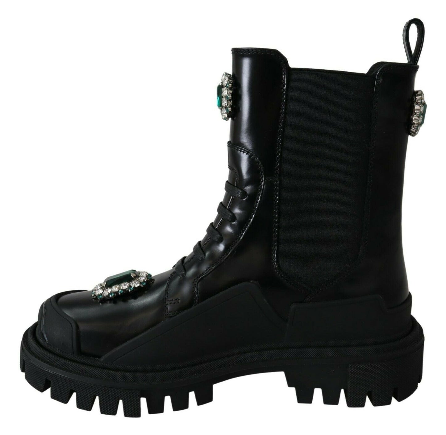 Elegant Black Leather Combat Boots with Crystal Detail