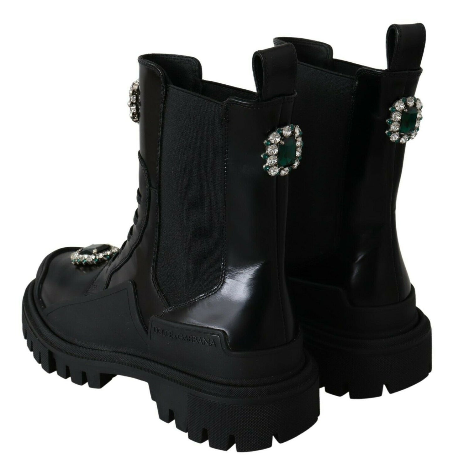 Elegant Black Leather Combat Boots with Crystal Detail