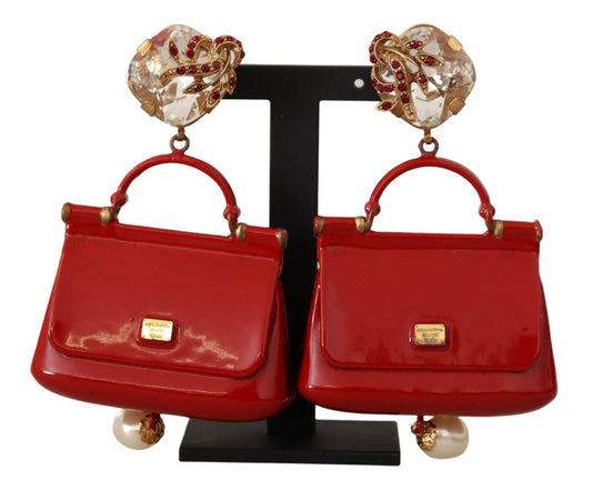 Gold Red Sicily Bag Crystal DG Clip-on Jewelry Dangling Earrings