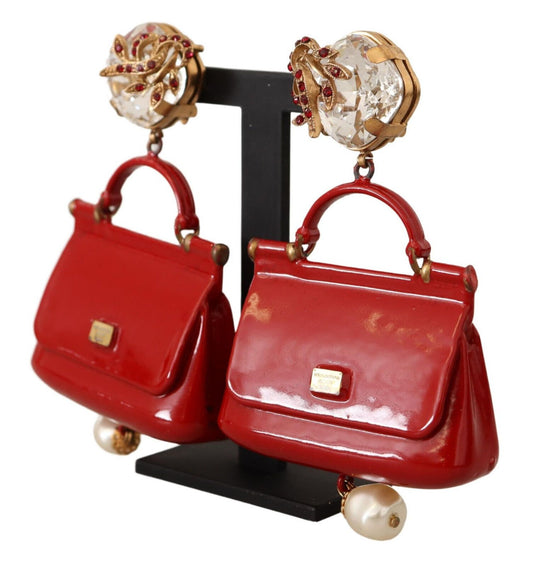 Gold Red Sicily Bag Crystal DG Clip-on Jewelry Dangling Earrings