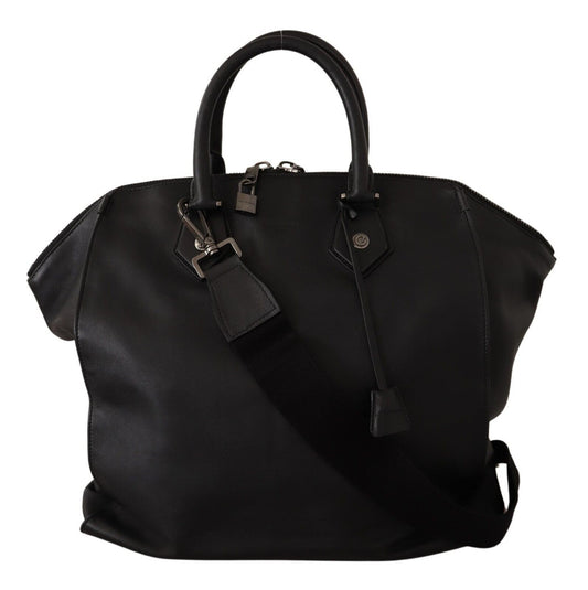 Black Leather Weekend Travel Shoulder Shopping Bag