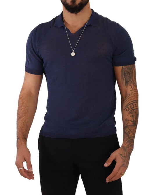 Navy Linen Blend Collared T-Shirt