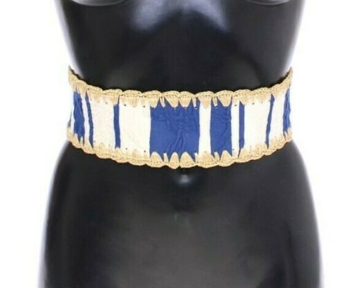 Blue Striped Waist Wide Raffia  Belt