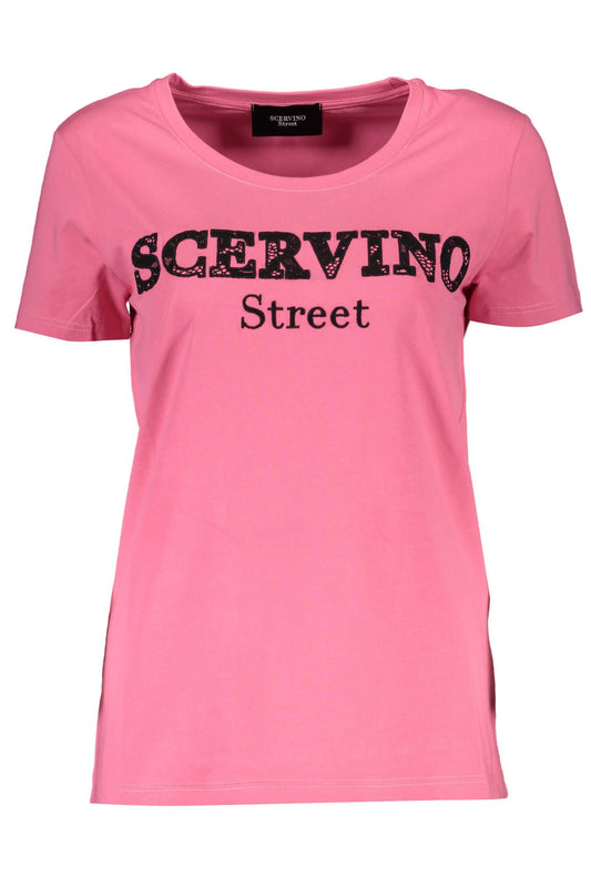 Chic Pink Embroidered Logo Tee with Contrast Detail
