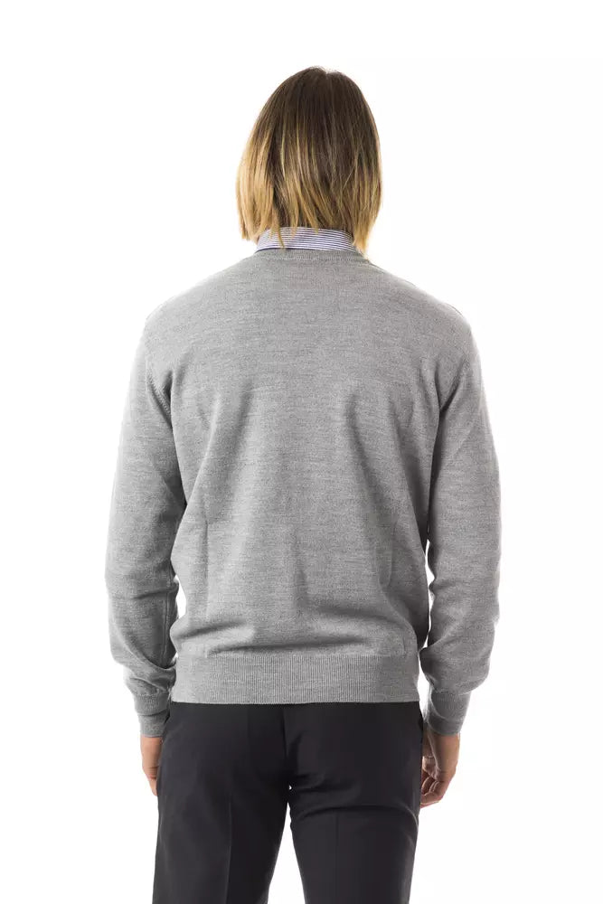 Embroidered Wool V-Neck Sweater - Elegant Gray