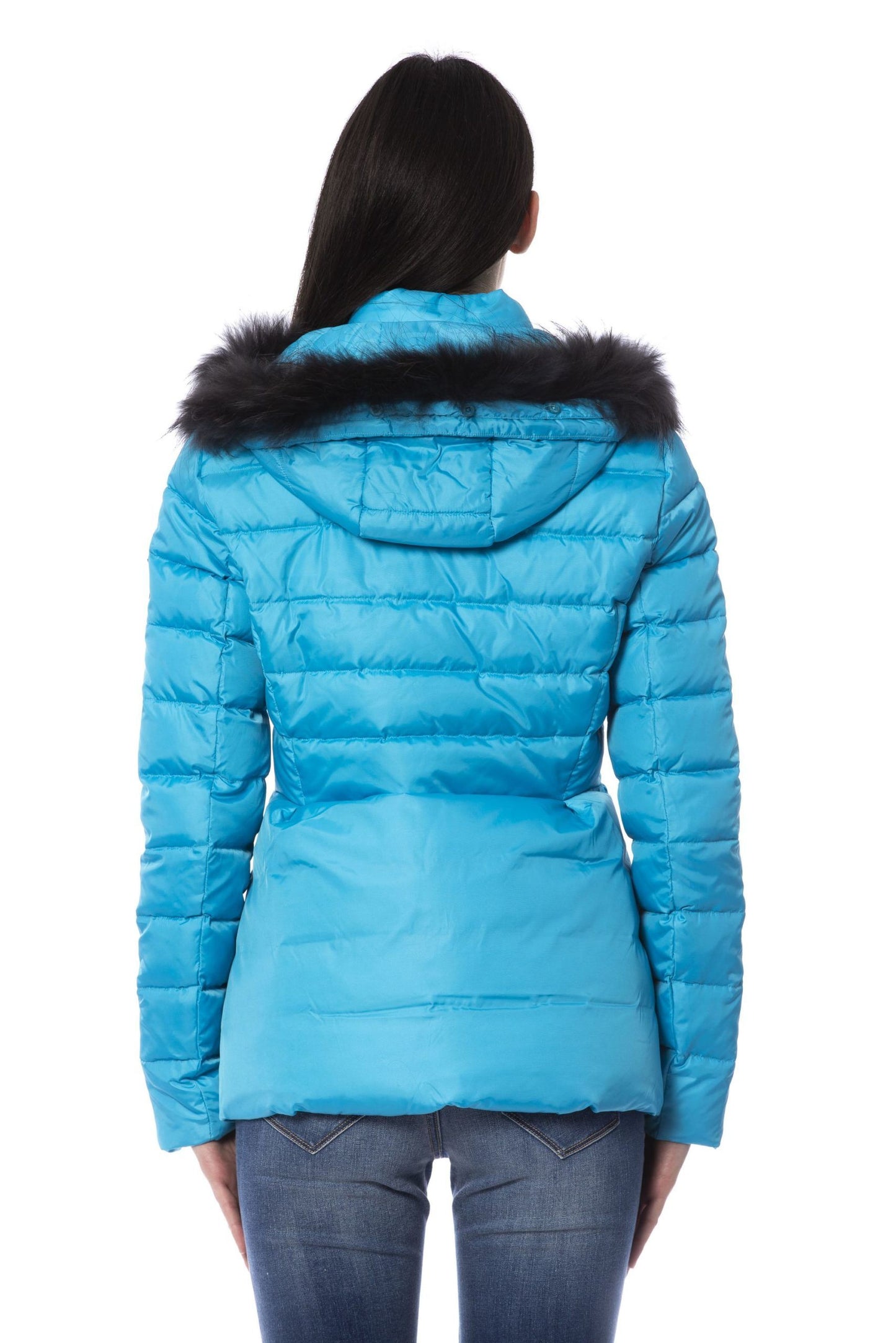 Chic Light Blue Puffer Jacket with Fur