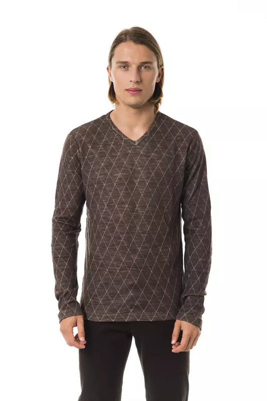 Classic V-Neck Patterned Sweater in Earthy Brown