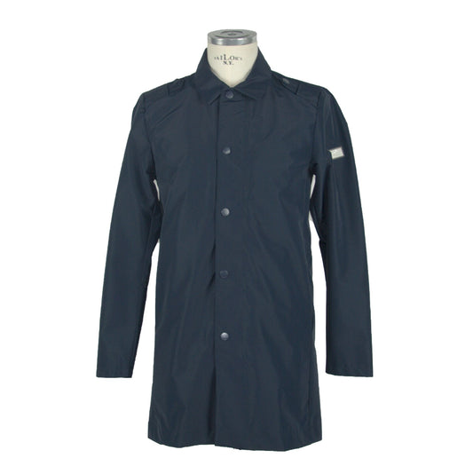 Stylish Long Blue Jacket with Button and Zip Closure