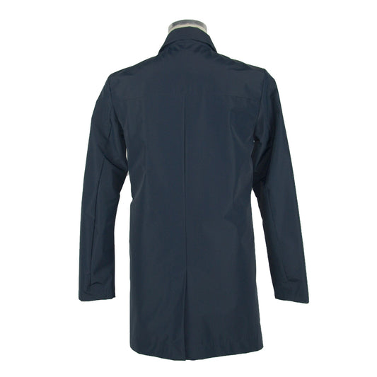 Stylish Long Blue Jacket with Button and Zip Closure