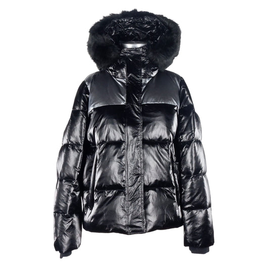Metallic Black Down Jacket with Faux Fur Hood