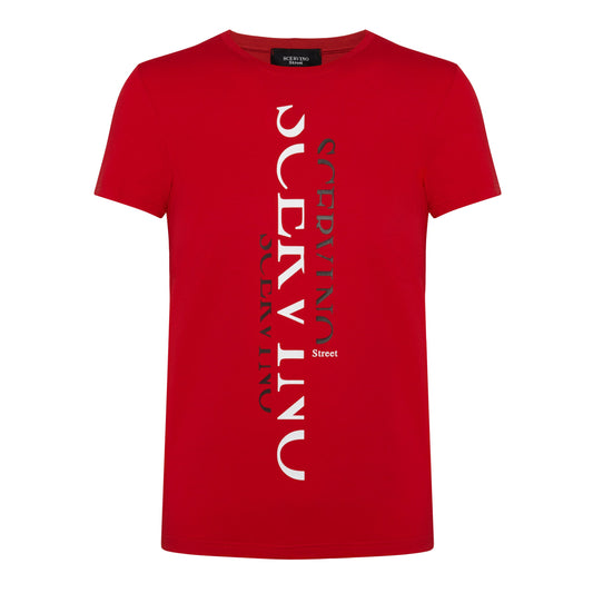 Elegant Red Cotton Tee with Vertical Logo