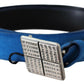 Blue Leather Silver Square Logo Buckle Waist Belt