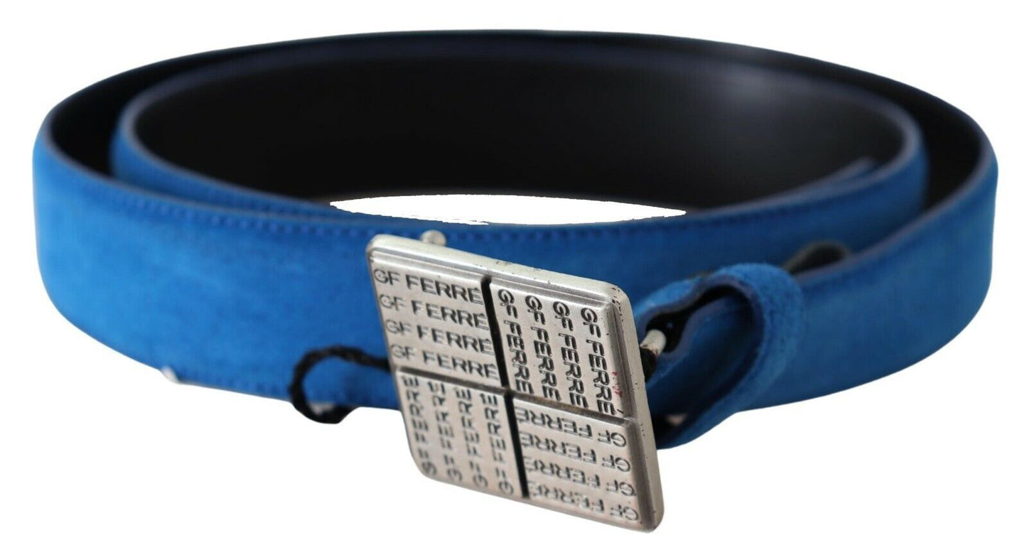 Blue Leather Silver Square Logo Buckle Waist Belt