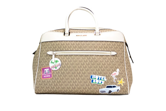 Travel Large Light Cream PVC Patches Top Zip Weekender Duffle Bag